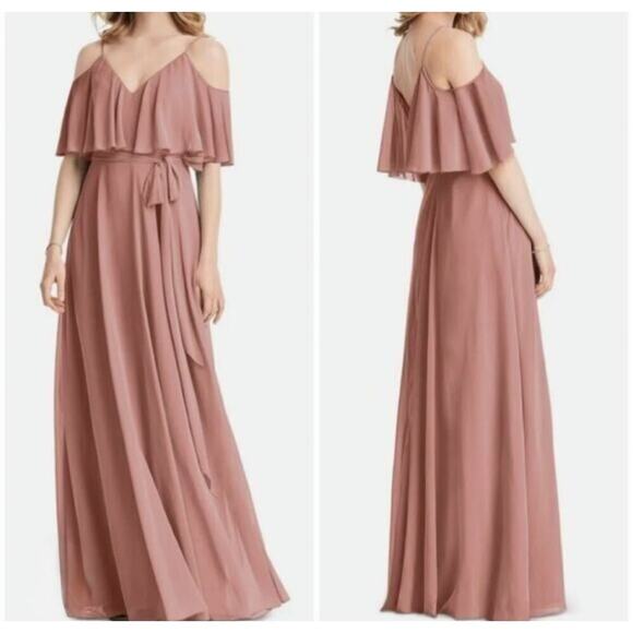 Jenny Packham Ruffled cold Shoulder Maxi Dress size 12 Desert Rose - Picture 1 of 5